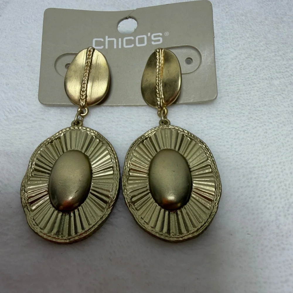 Chico's Matte Gold Tone Oval Sunburst Drop Dangle Statement Earrings Mature NWT‎